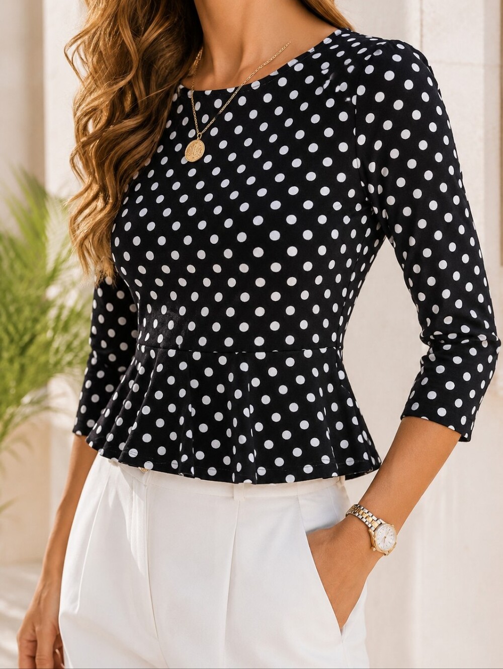 Lauren Ralph Lauren Polka Dot Peplum Top Size L Black White Stretch Blouse